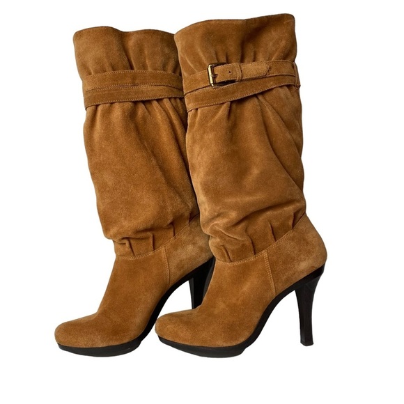 Michael Kors Cognac Suede Slouch buckle pull on knee high Boot heels size 8.5 M - Picture 1 of 10